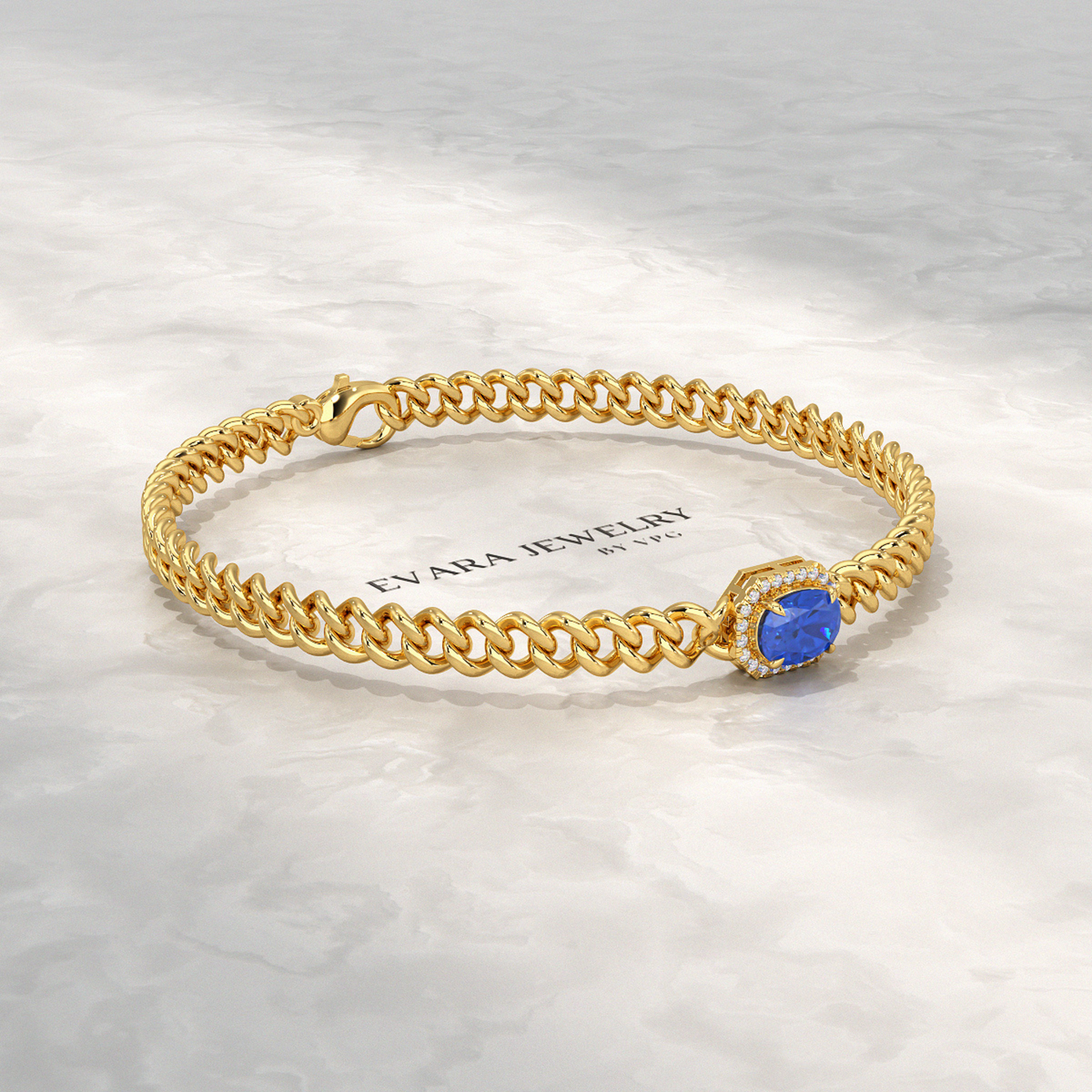 10K Solid Gold Cuban Chain Link Bracelet with Natural Blue Sapphire & Lab Grown Diamonds - Evara Jewelry LLC
