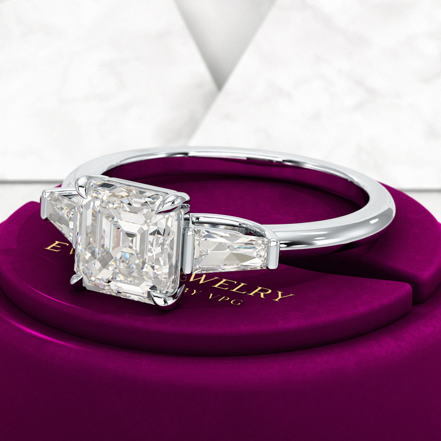 2 Carat Asscher Cut Three Stone Engagement Ring - Evara Jewelry LLC
