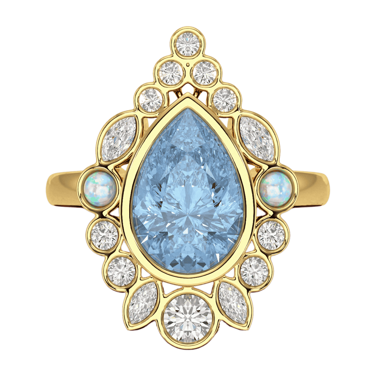 3 Carat Pear Cut Ice Blue Diamond Art Deco Ring with Opal