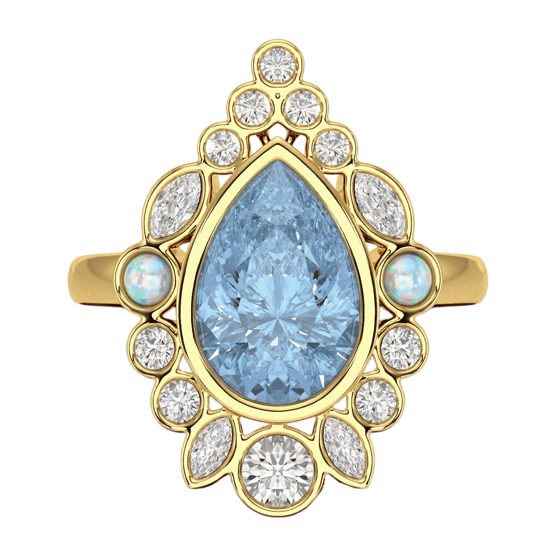 3 Carat Pear Cut Ice Blue Diamond Art Deco Ring with Opal