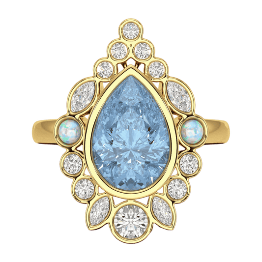 3 Carat Pear Cut Ice Blue Diamond Art Deco Ring with Opal
