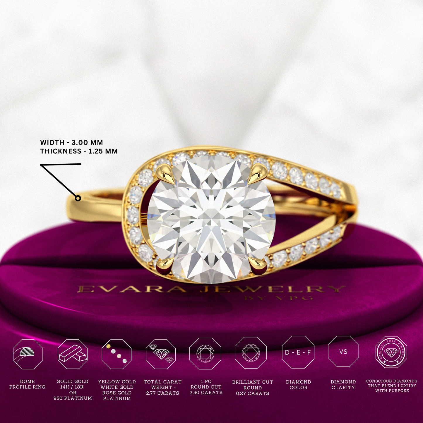 2.50 Carat Round Cut Lab Grown Diamond Minimalist Engagement Ring - Evara Jewelry LLC