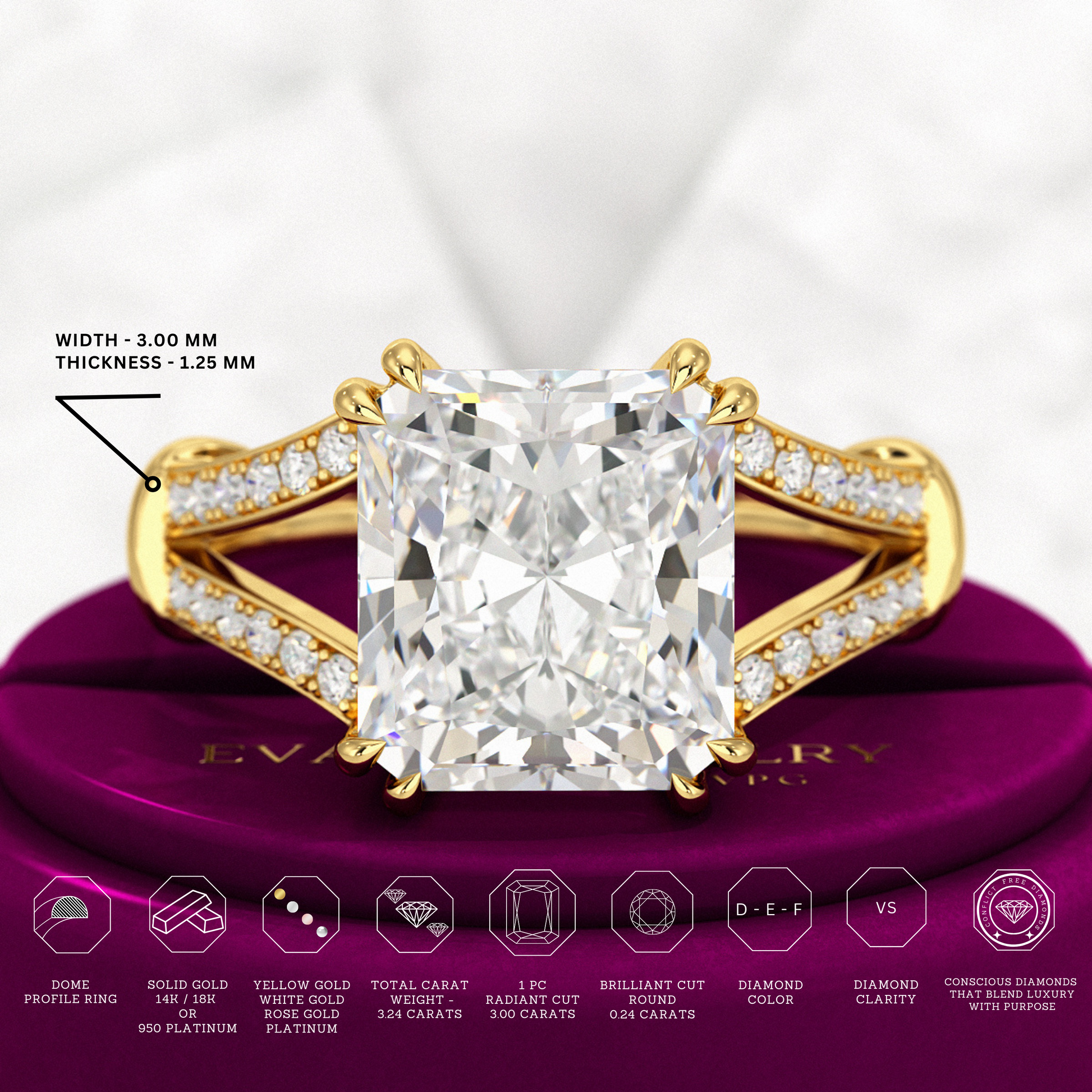 3 Carat Radiant Cut Lab Grown Diamond Split Shank Engagement Ring - Evara Jewelry LLC