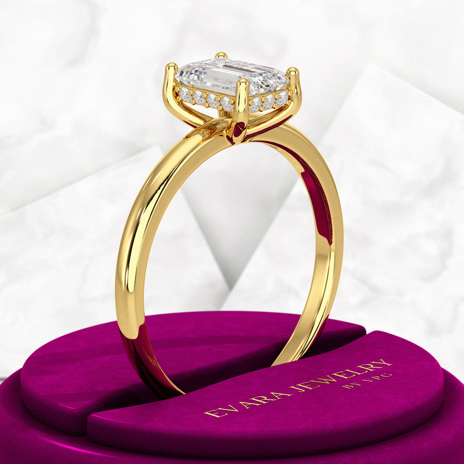 1 Carat Emerald Diamond Minimalist Ring with Hidden Halo in 14K Yellow Gold - Evara Jewelry LLC