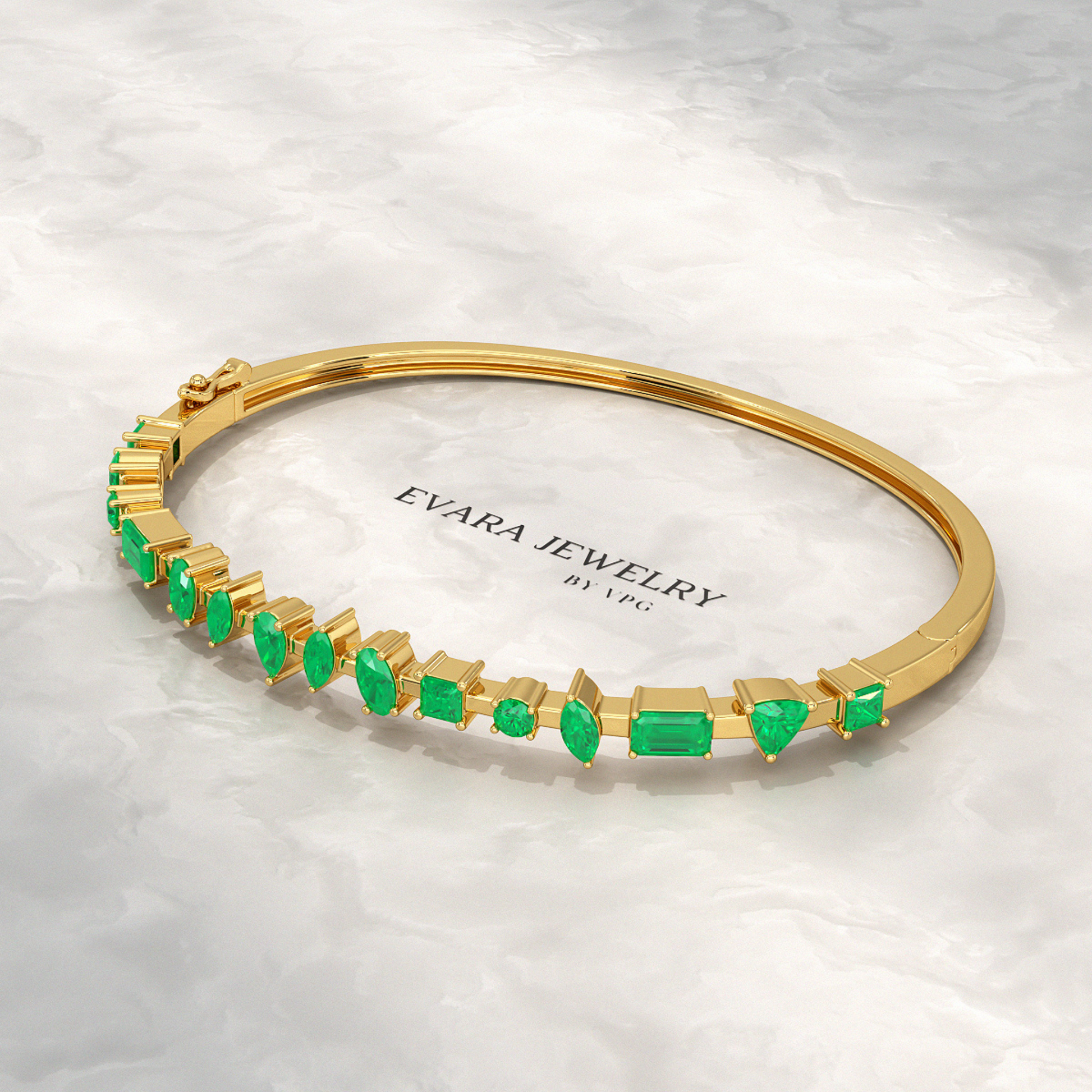 3.25 Carats Lab Grown Emerald Minimalist Cuff Bangle Bracelet - Evara Jewelry LLC