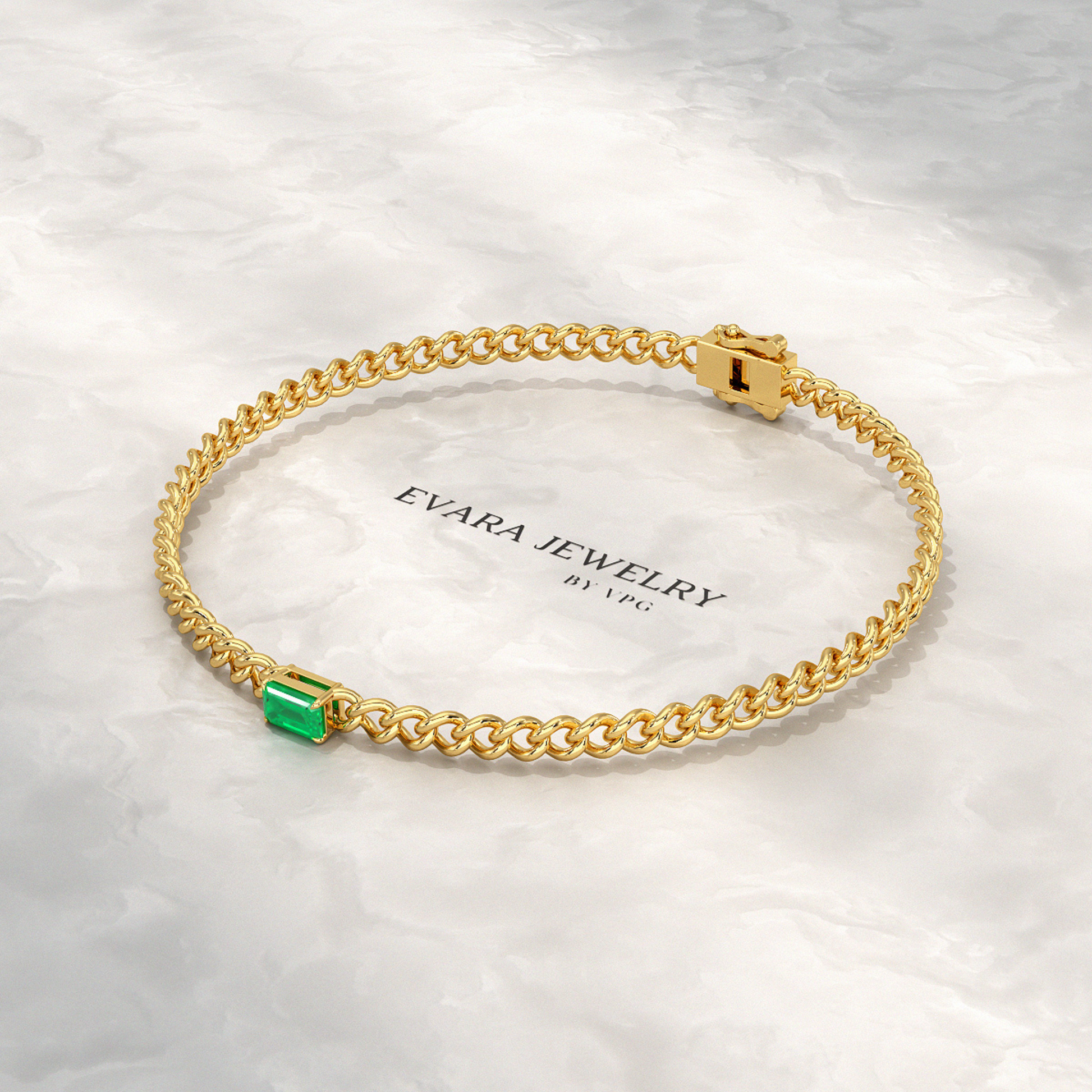 Natural Emerald Cuban Chain Link Statement Bracelet in 14K Yellow Gold - Evara Jewelry LLC
