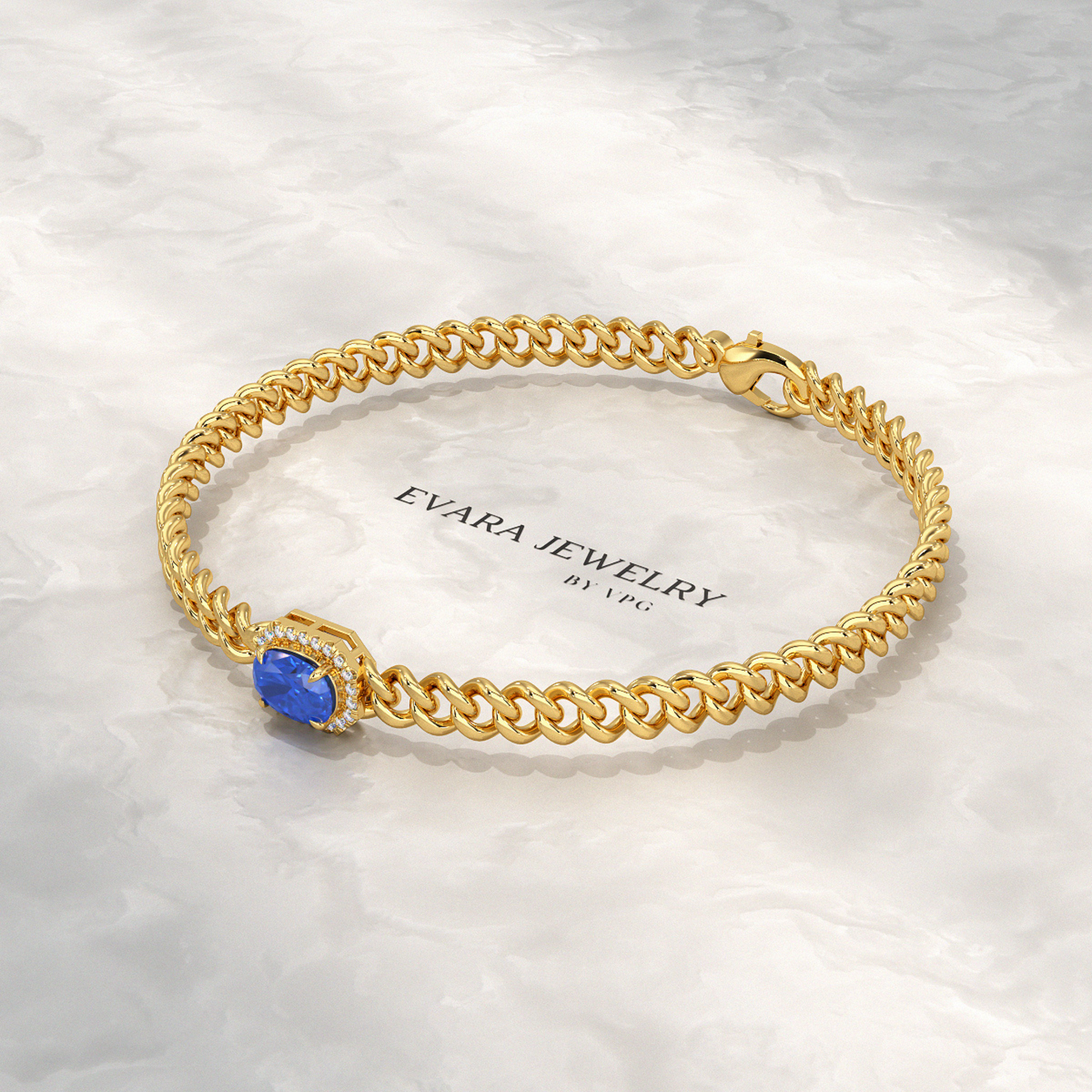 10K Solid Gold Cuban Chain Link Bracelet with Natural Blue Sapphire & Lab Grown Diamonds - Evara Jewelry LLC