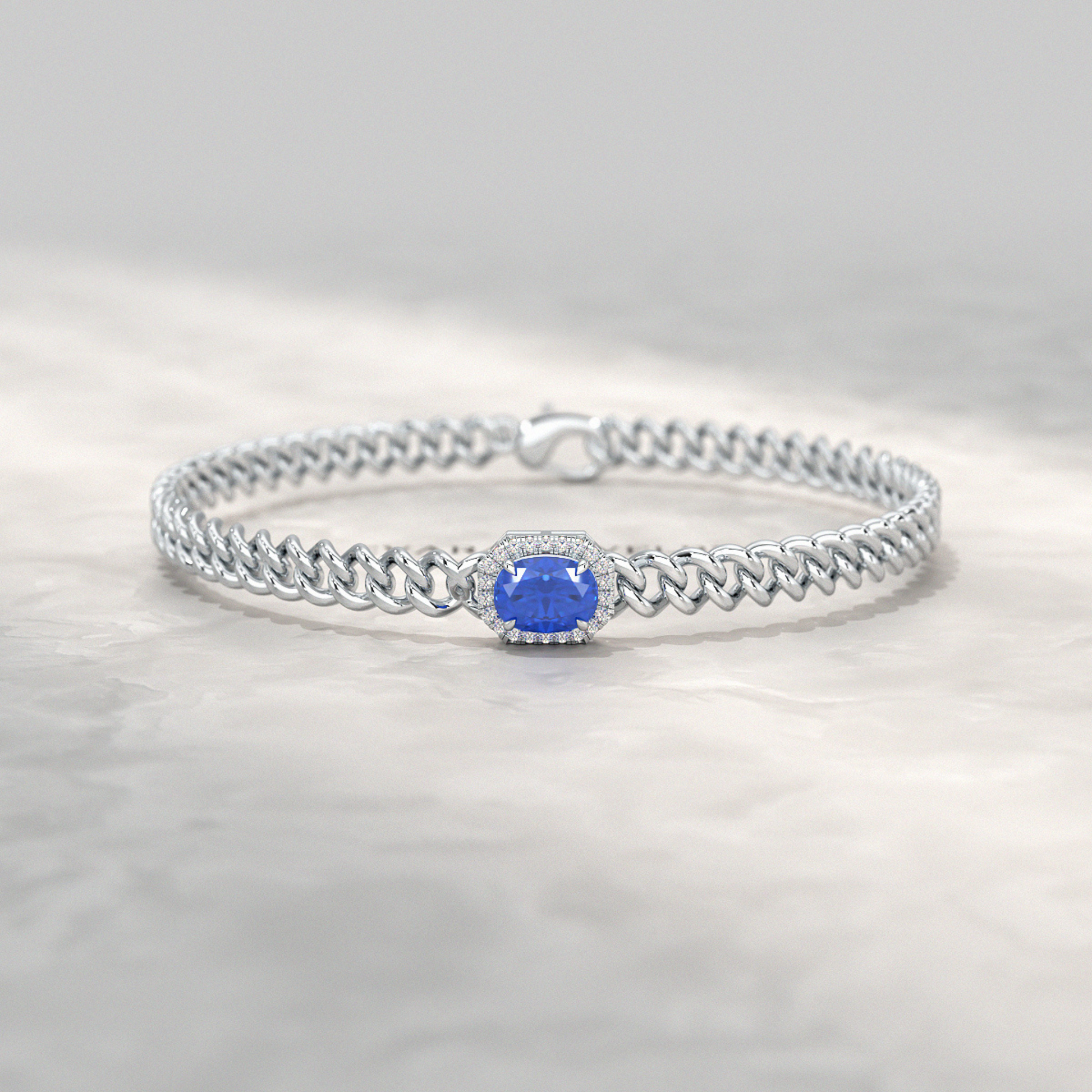 10K Solid Gold Cuban Chain Link Bracelet with Natural Blue Sapphire & Lab Grown Diamonds - Evara Jewelry LLC