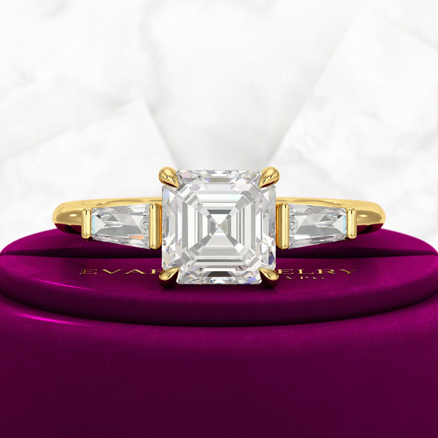 2 Carat Asscher Cut Three Stone Engagement Ring - Evara Jewelry LLC