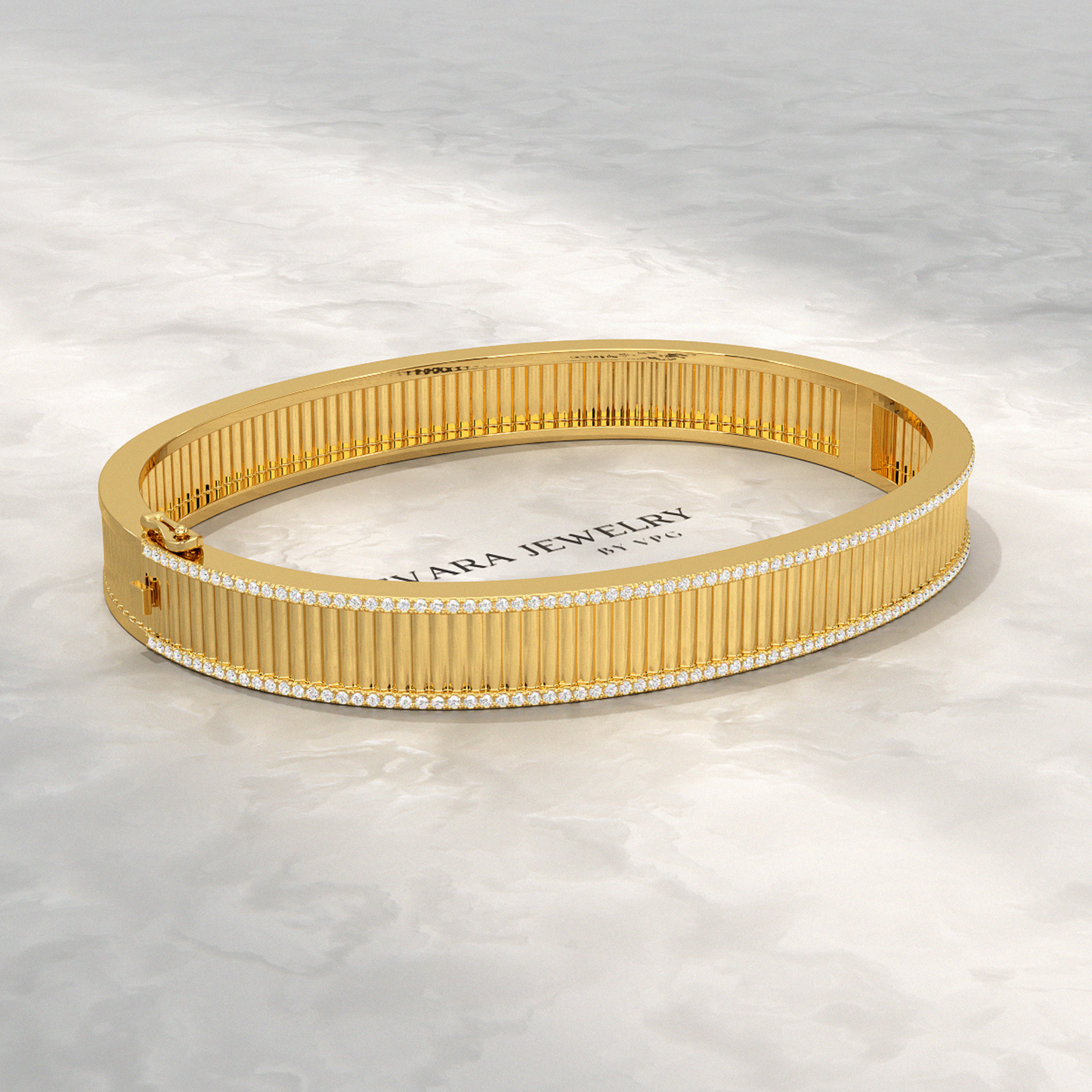 Diamond Ribbed Cuff Bangle studded in Solid Gold - Evara Jewelry LLC