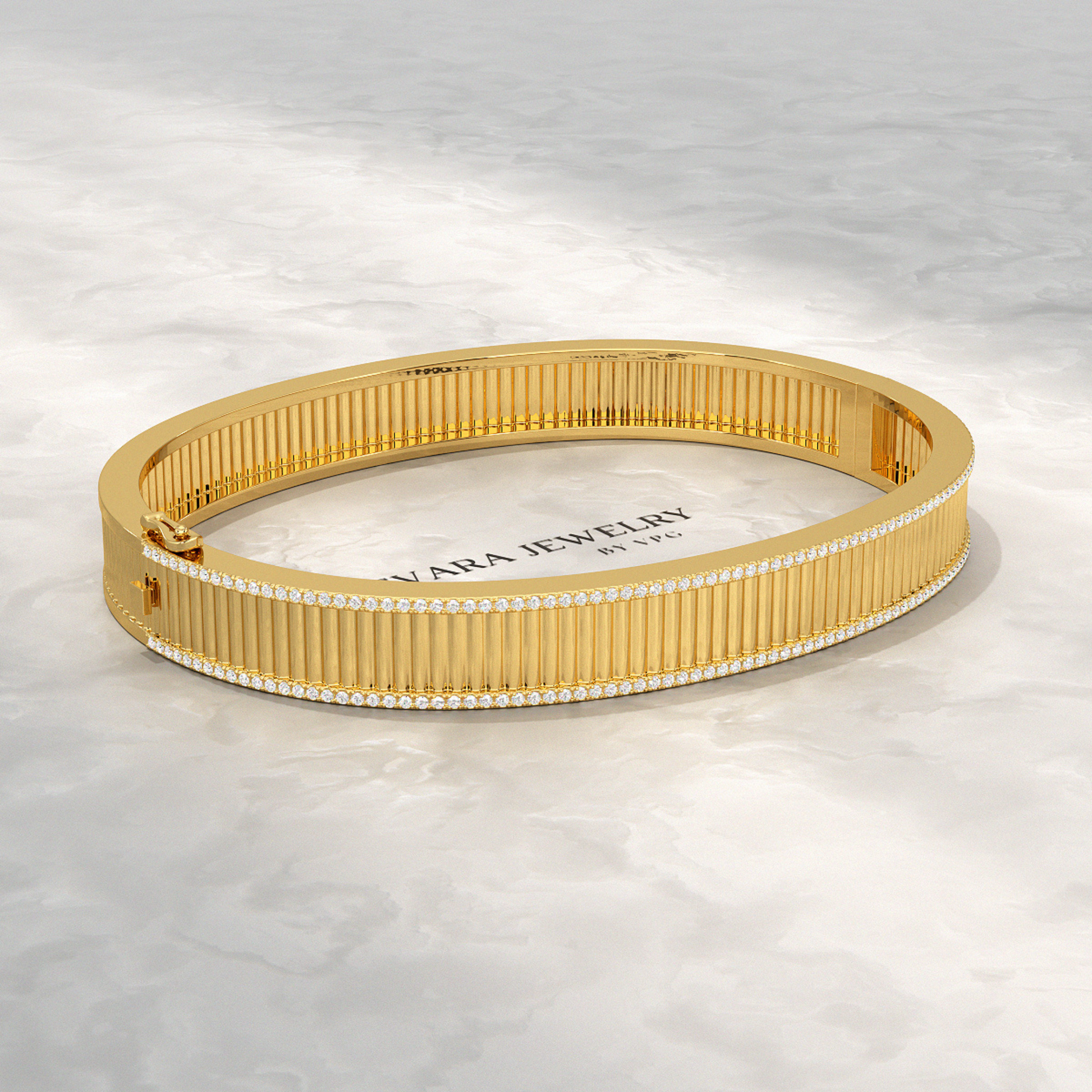 Diamond Ribbed Cuff Bangle studded in Solid Gold - Evara Jewelry LLC