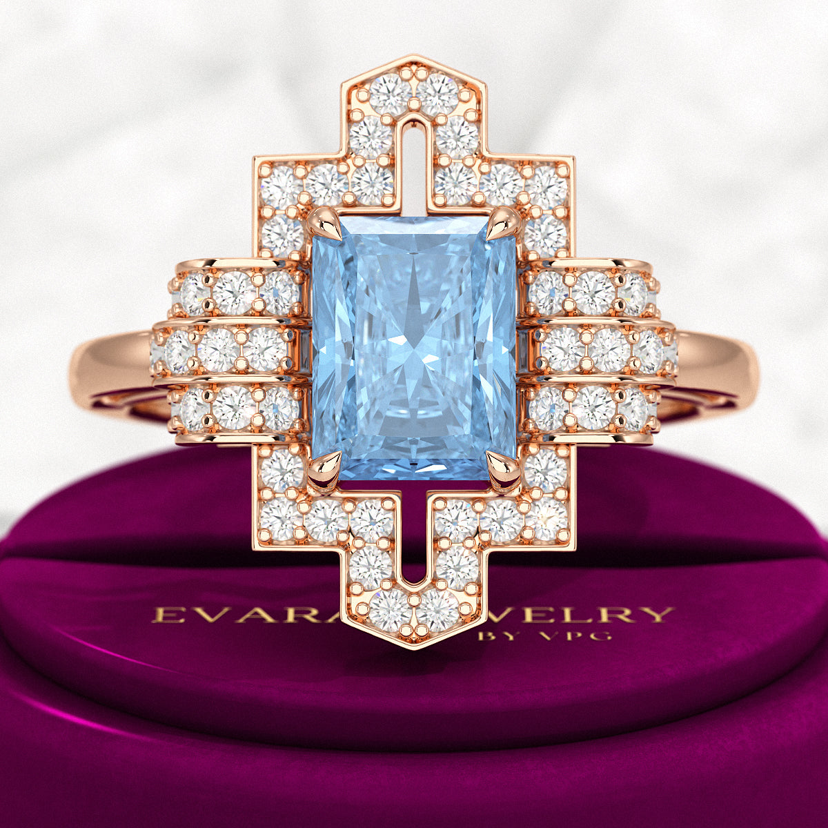 2 Carat Radiant Cut Ice Blue Diamond Art Deco Ring - Evara Jewelry LLC