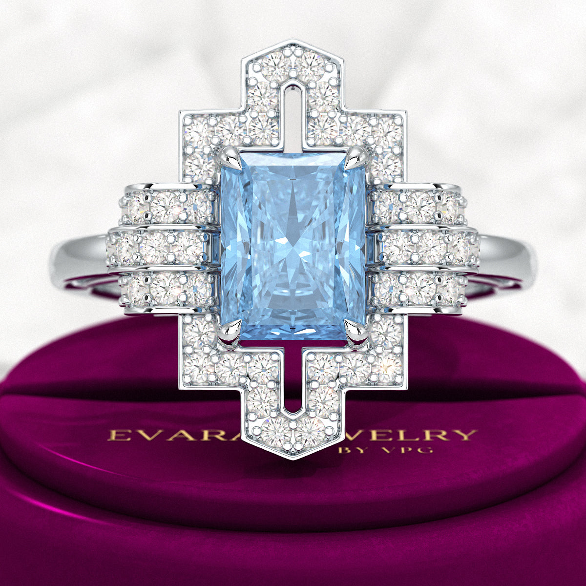 2 Carat Radiant Cut Ice Blue Diamond Art Deco Ring - Evara Jewelry LLC