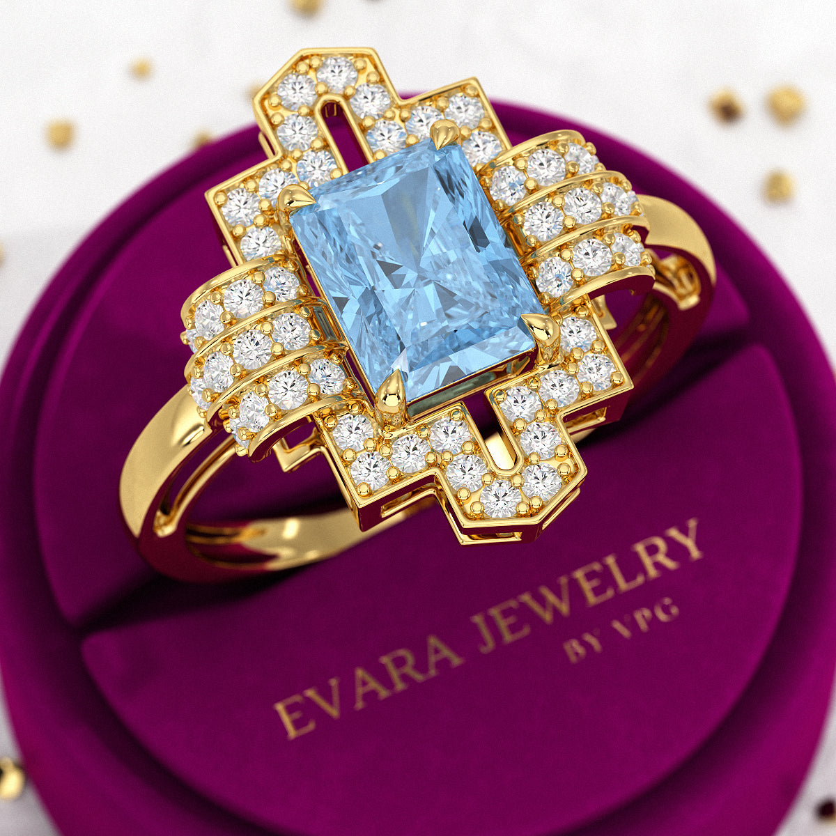 2 Carat Radiant Cut Ice Blue Diamond Art Deco Ring - Evara Jewelry LLC