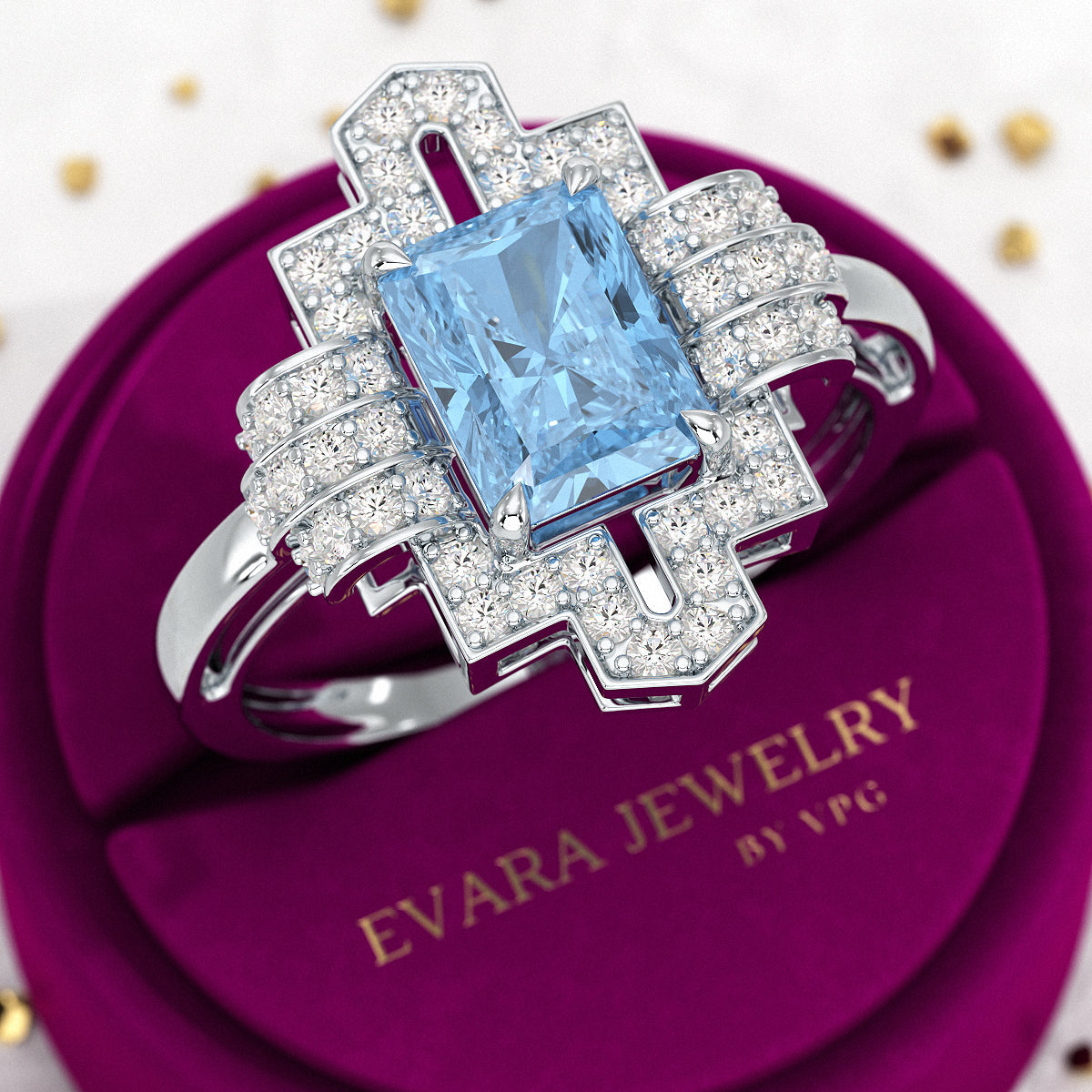 2 Carat Radiant Cut Ice Blue Diamond Art Deco Ring - Evara Jewelry LLC