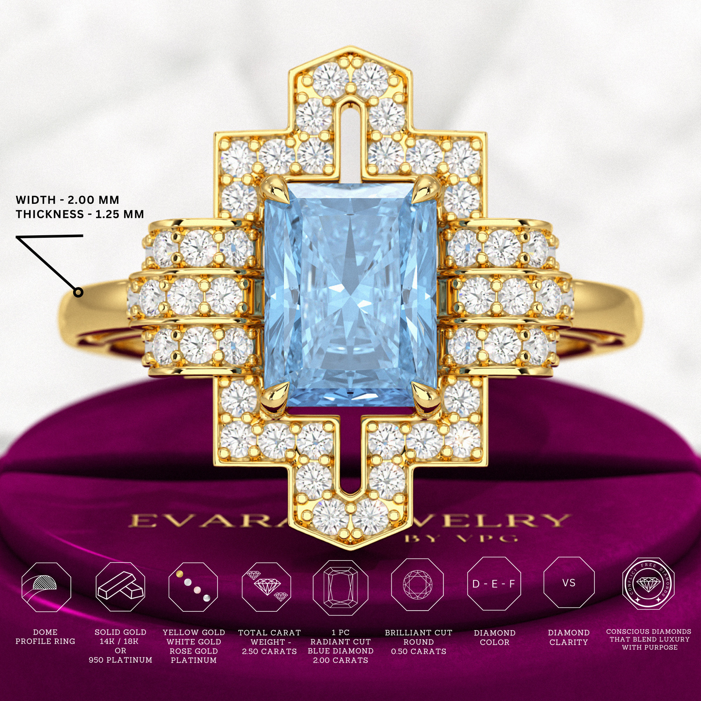2 Carat Radiant Cut Ice Blue Diamond Art Deco Ring - Evara Jewelry LLC