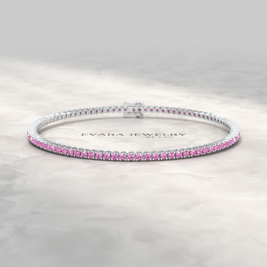 3.21 Carats Natural Pink Sapphire Tennis Bracelet in 14K/18K Yellow Gold - Evara Jewelry LLC