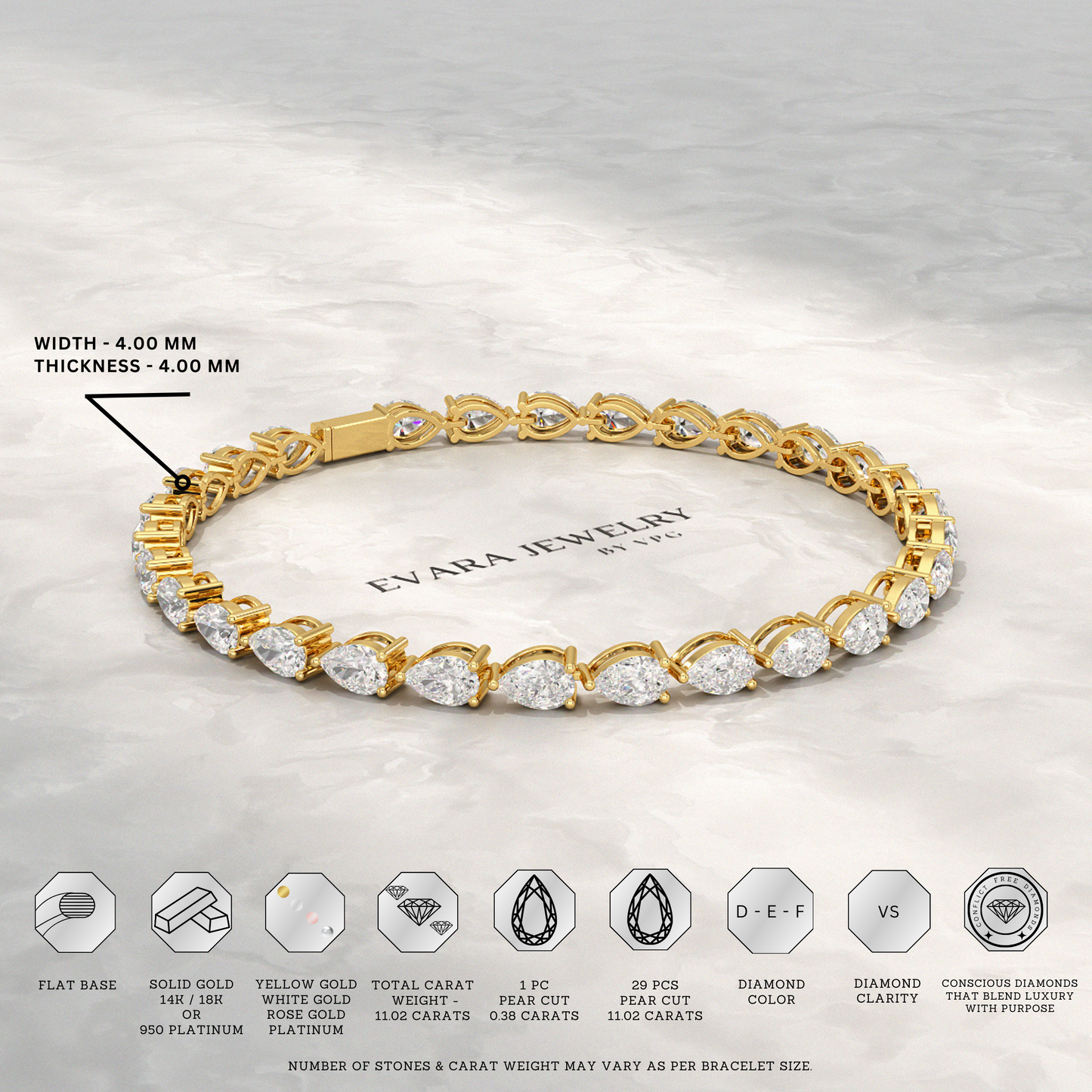 11 Carats Pear Cut Diamond Luxury Tennis Bracelet - Evara Jewelry LLC