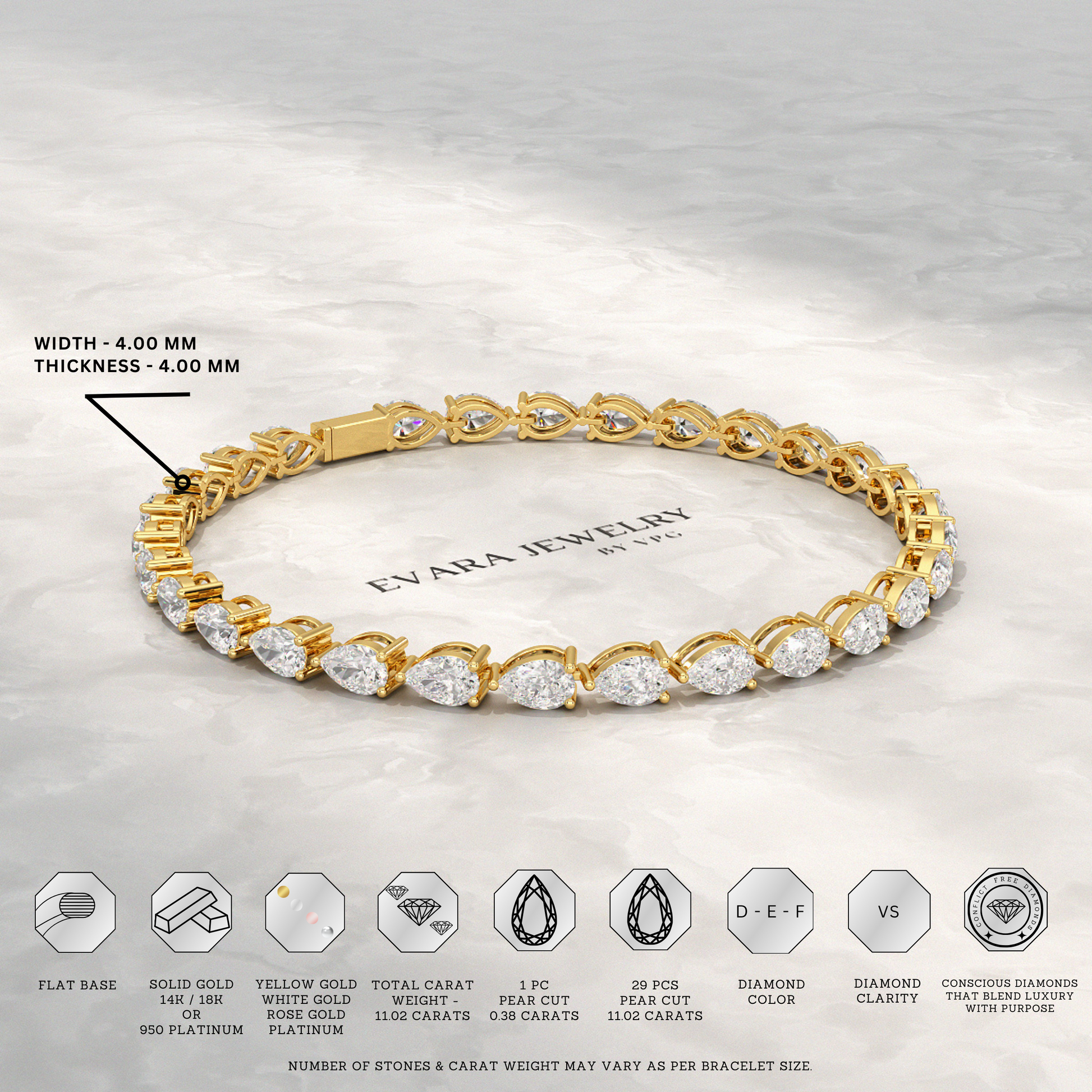 11 Carats Pear Cut Diamond Luxury Tennis Bracelet - Evara Jewelry LLC