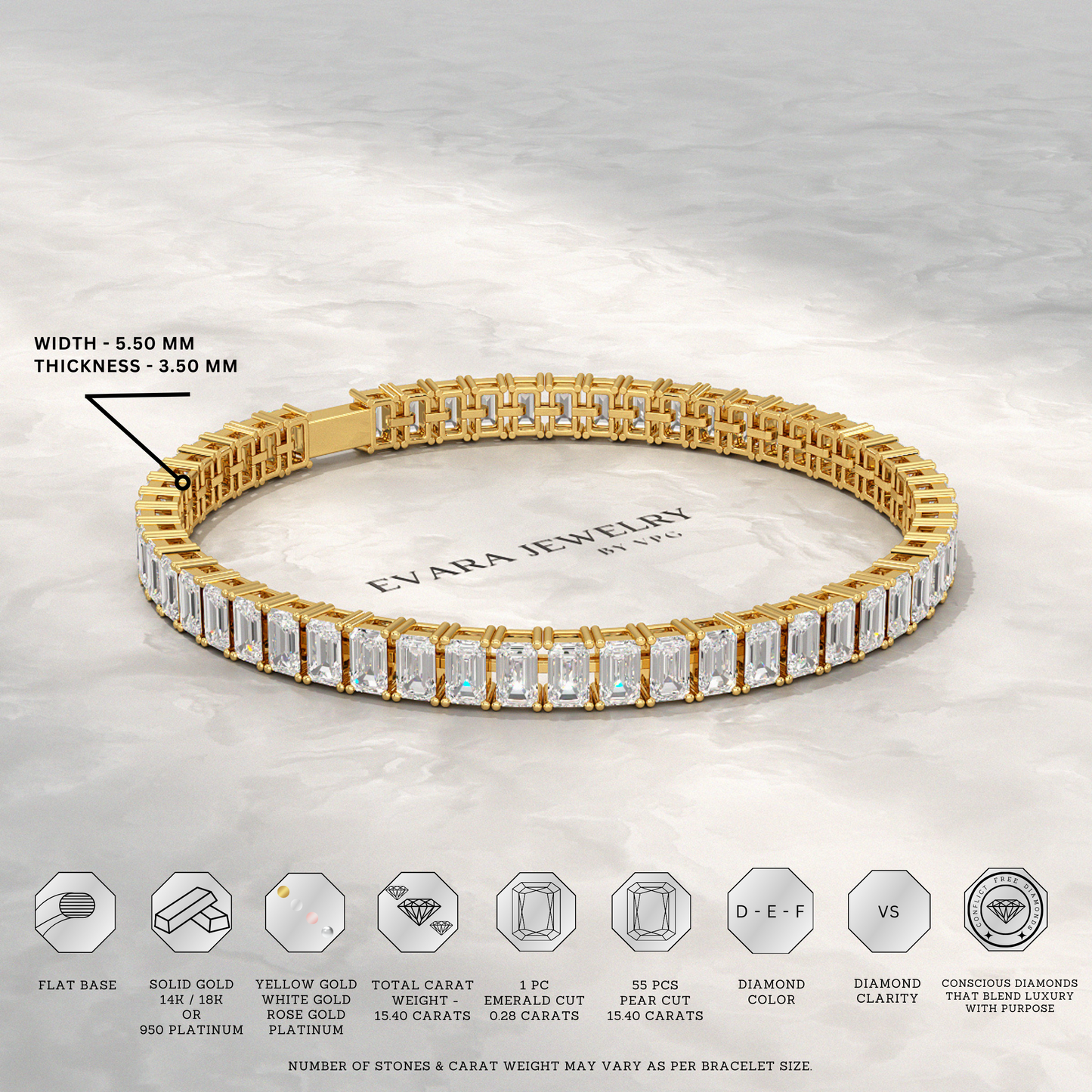 15 Carats Emerald Cut Lab Grown Diamond Tennis Bracelet - Evara Jewelry LLC