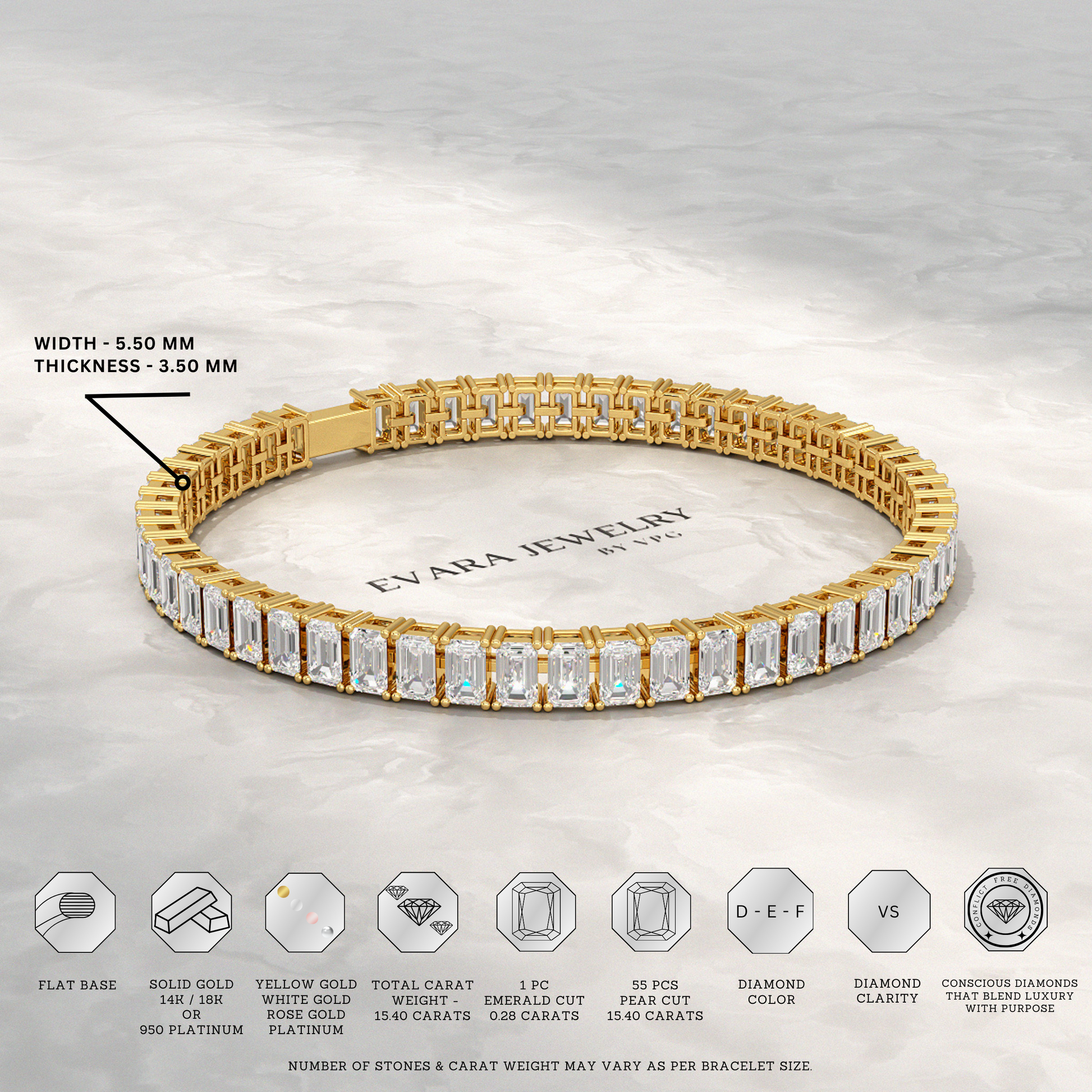 15 Carats Emerald Cut Lab Grown Diamond Tennis Bracelet - Evara Jewelry LLC
