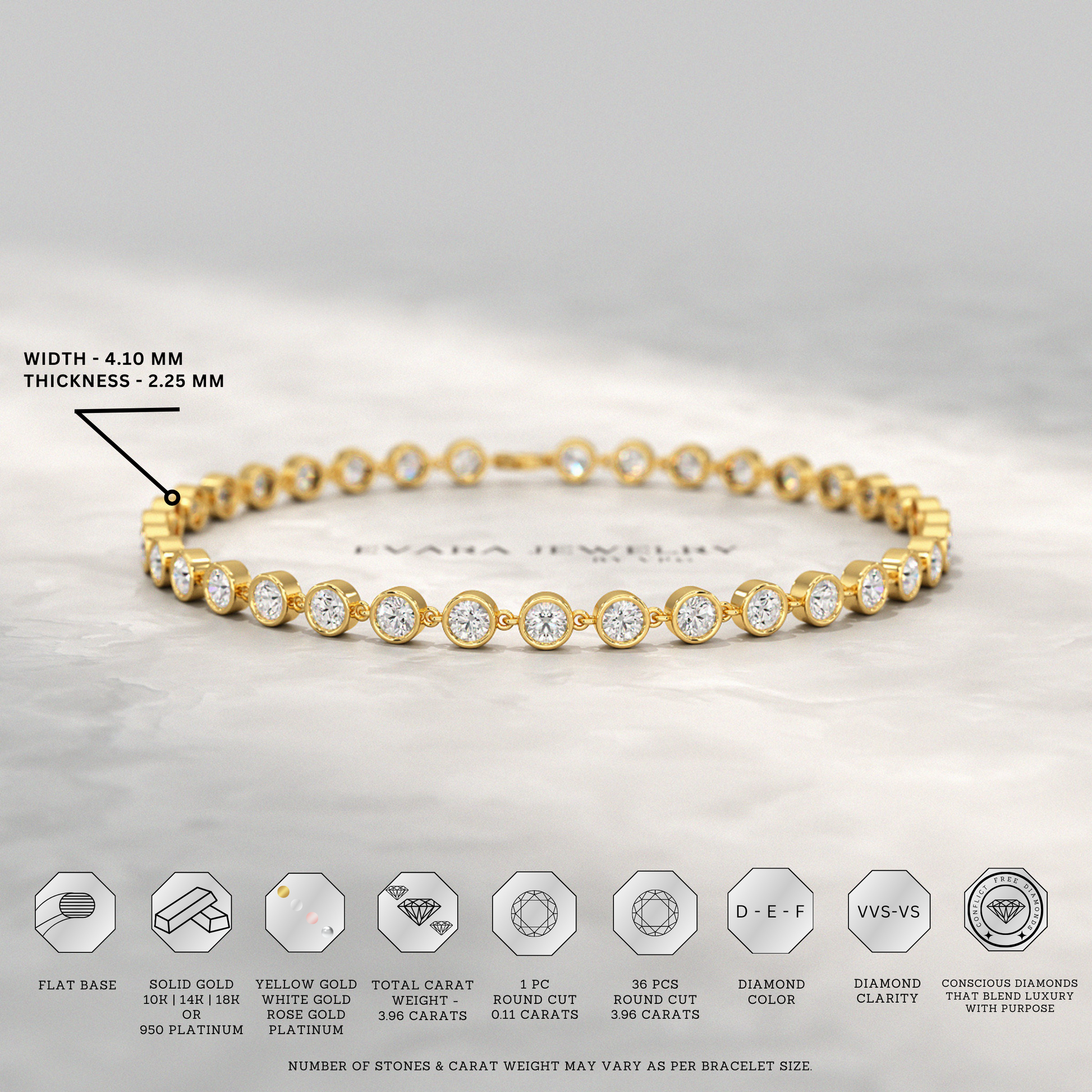 4 Carat Bezel Set Round Cut Diamond Gold Minimalist Tennis Bracelet - Evara Jewelry LLC