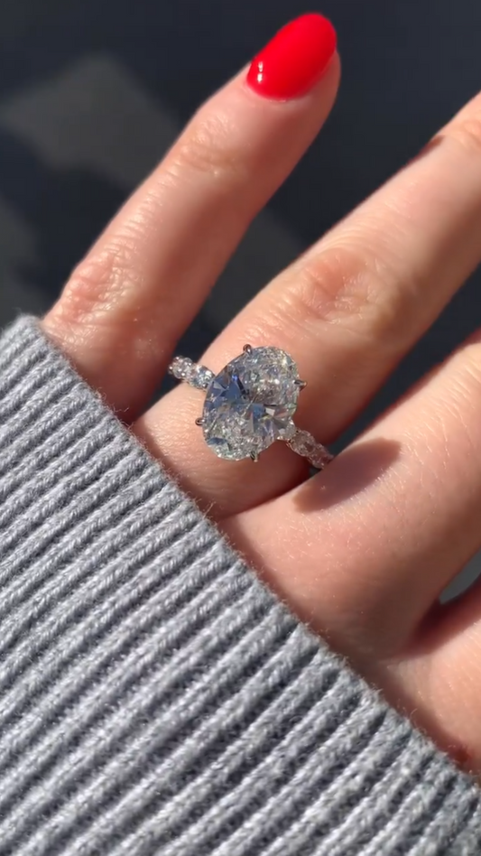 4 Carat Oval Cut Modern Deco Engagement Ring with Oval Cut Side Lab Grown Diamonds - Evara Jewelry LLC
