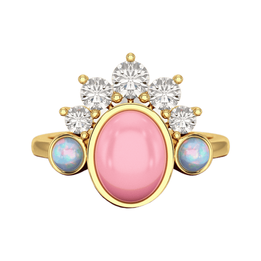 Barbie Theme Pink Opal Multi Stone Art Deco Ring with Fire Opal and Lab Grown Diamonds