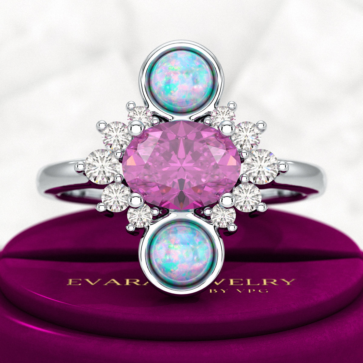 Purple Garnet Art Deco Multi Stone Statement Ring with Opal and Diamonds - Evara Jewelry LLC