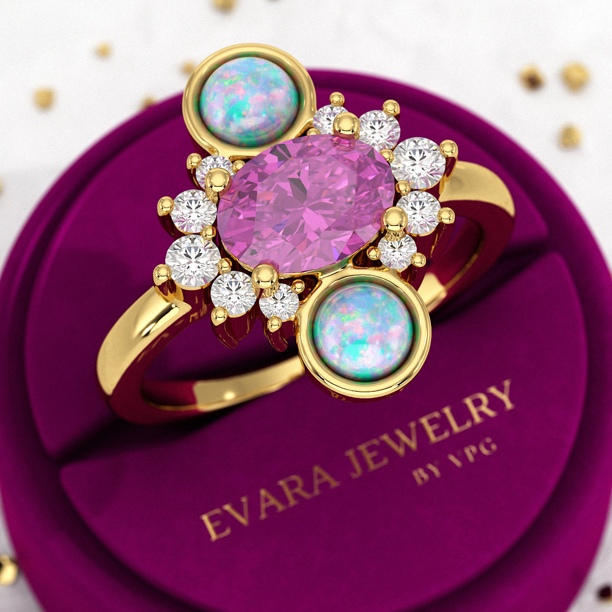 Purple Garnet Art Deco Multi Stone Statement Ring with Opal and Diamonds - Evara Jewelry LLC