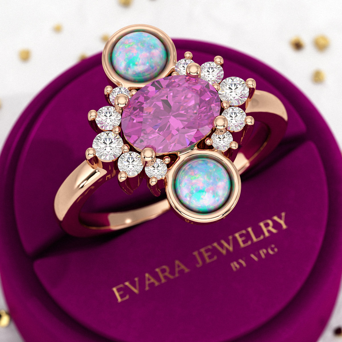 Purple Garnet Art Deco Multi Stone Statement Ring with Opal and Diamonds - Evara Jewelry LLC