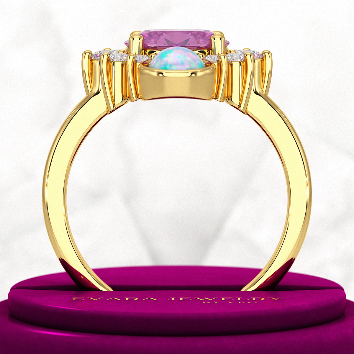 Purple Garnet Art Deco Multi Stone Statement Ring with Opal and Diamonds - Evara Jewelry LLC