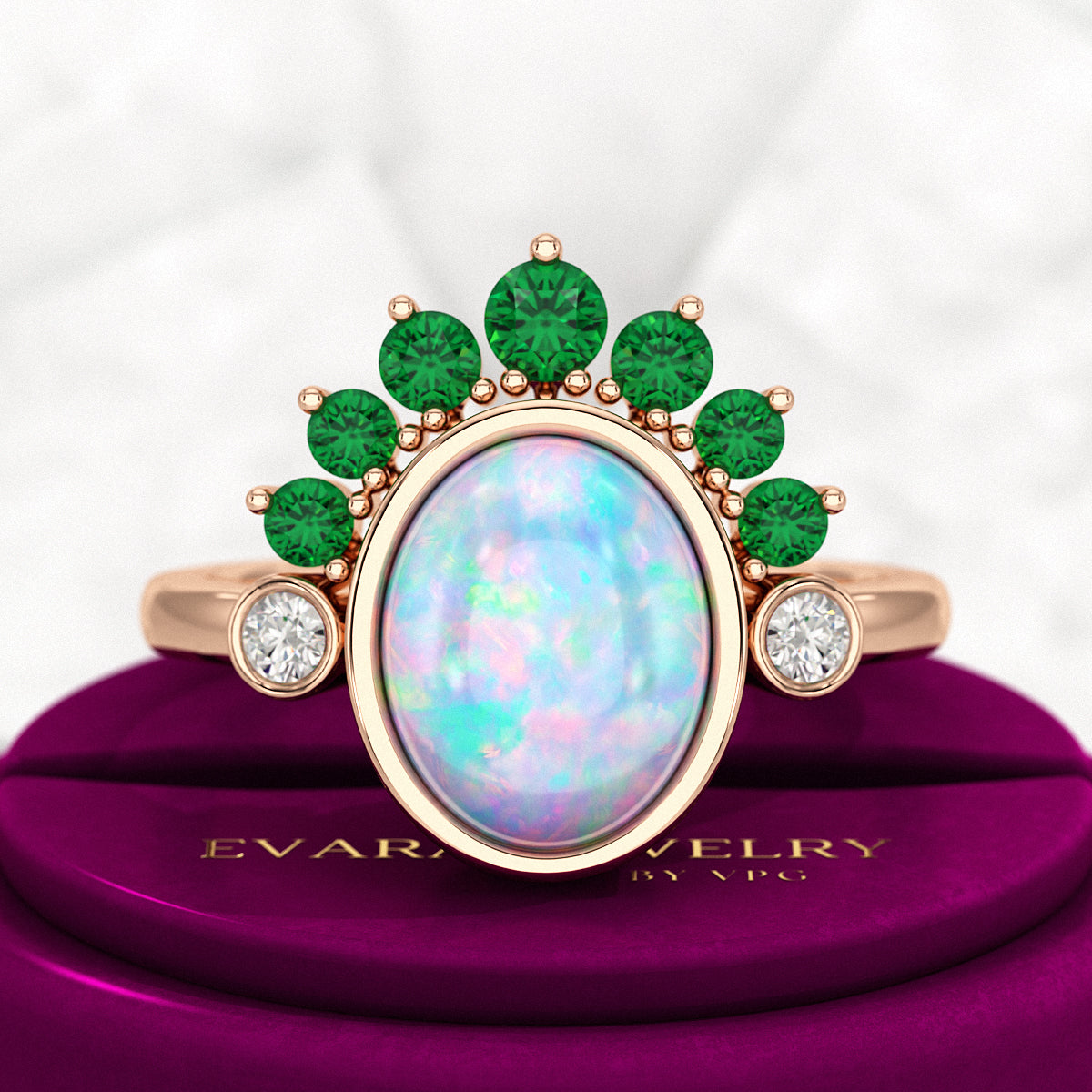 Natural Opal Multi Stone Art Deco Ring with Natural Emeralds and Diamonds - Evara Jewelry LLC