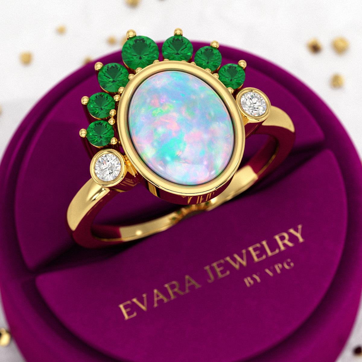 Natural Opal Multi Stone Art Deco Ring with Natural Emeralds and Diamonds - Evara Jewelry LLC