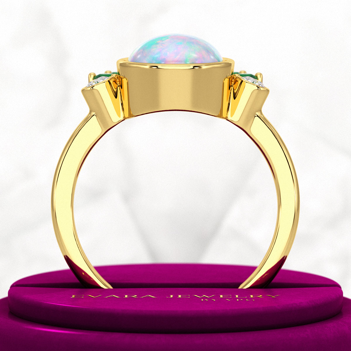 Natural Opal Multi Stone Art Deco Ring with Natural Emeralds and Diamonds - Evara Jewelry LLC