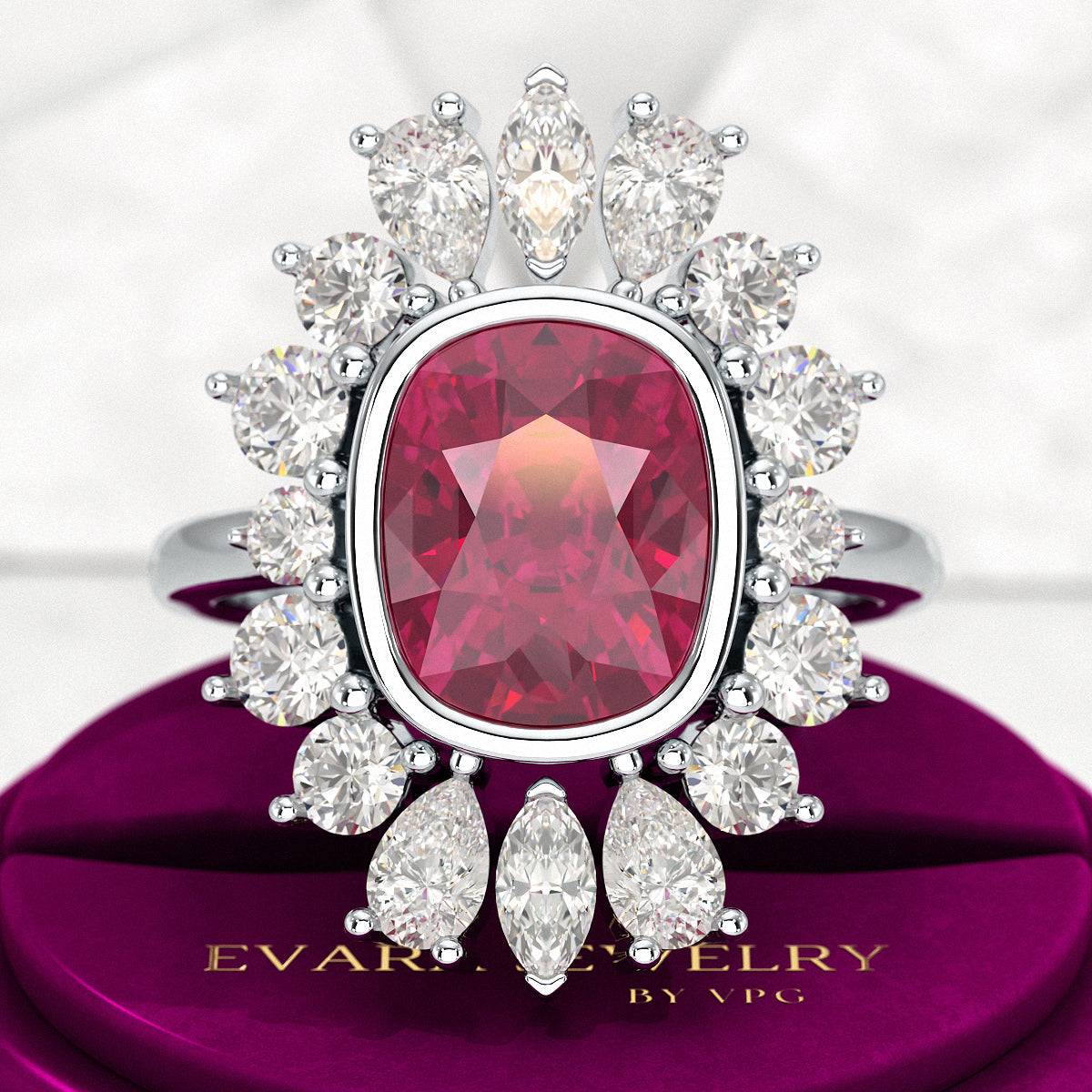 Natural Rubellite Tourmaline Cushion & CVD Diamond Art Deco Wedding Ring - Evara Jewelry LLC
