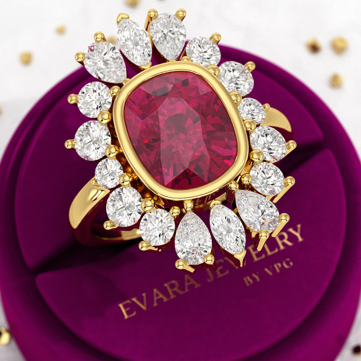 Natural Rubellite Tourmaline Cushion & CVD Diamond Art Deco Wedding Ring - Evara Jewelry LLC