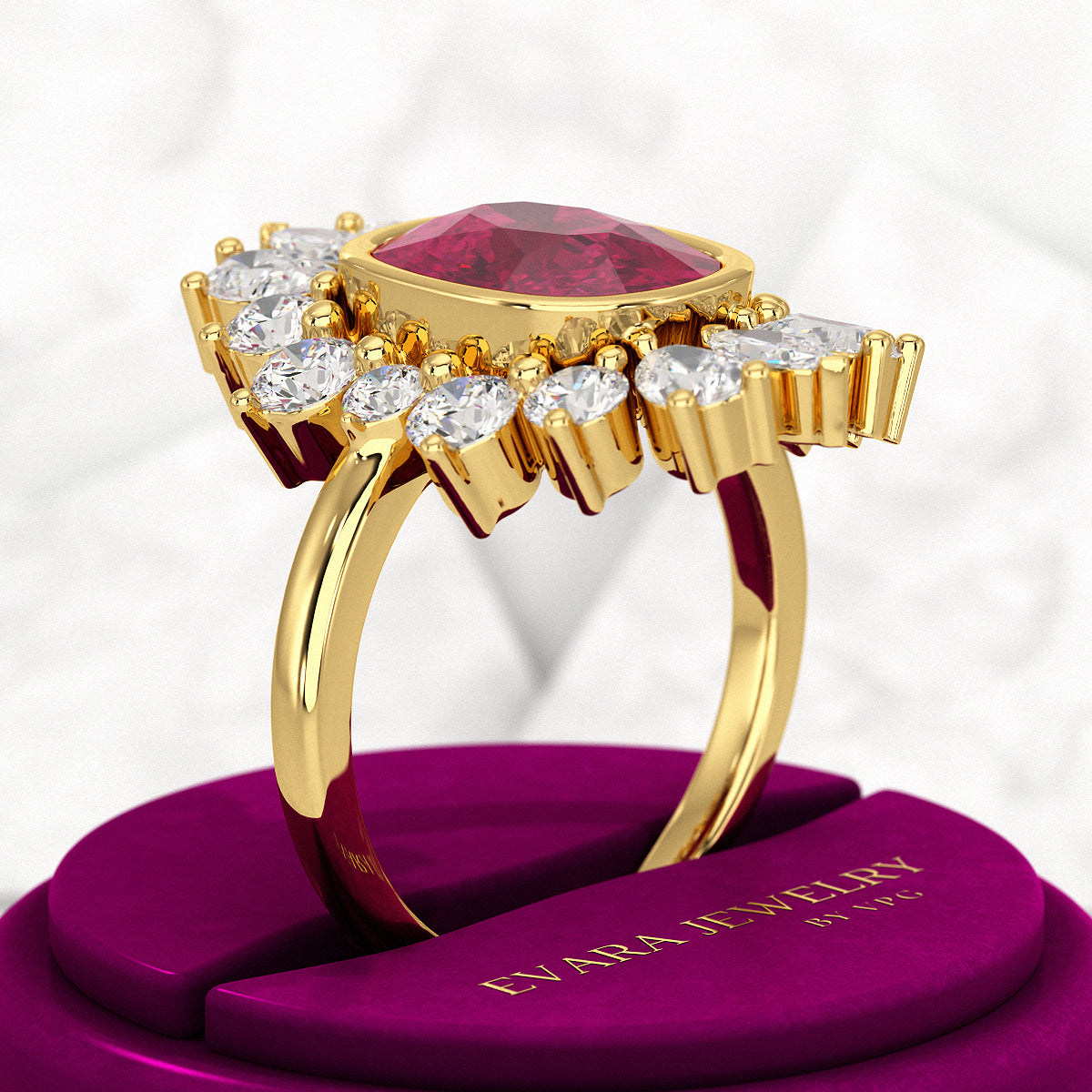 Natural Rubellite Tourmaline Cushion & CVD Diamond Art Deco Wedding Ring - Evara Jewelry LLC