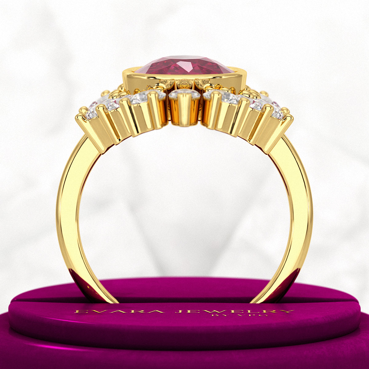 Natural Rubellite Tourmaline Cushion & CVD Diamond Art Deco Wedding Ring - Evara Jewelry LLC