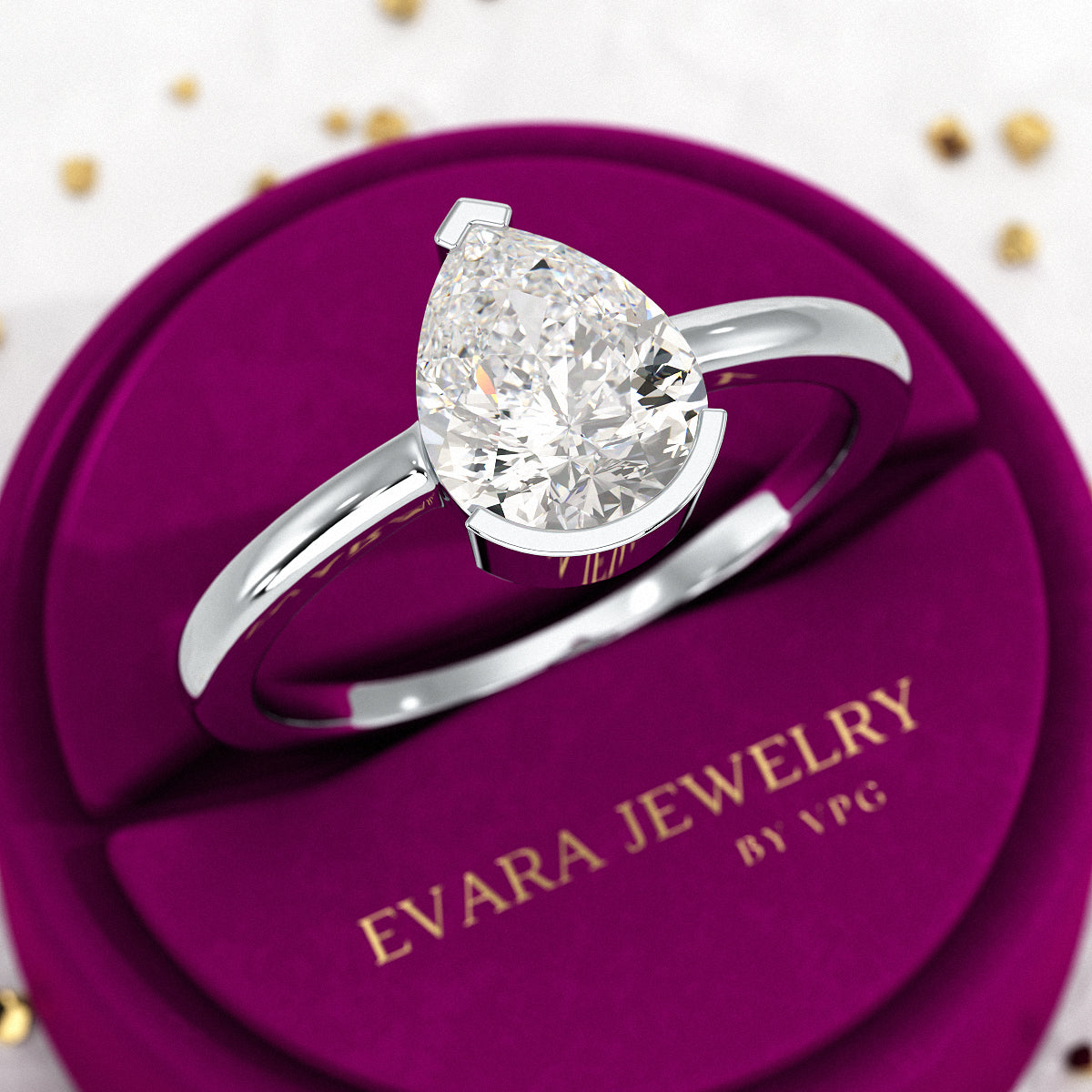 2 Carat Pear Cut Diamond Half Bezel Set Solitaire Engagement Ring - Evara Jewelry LLC