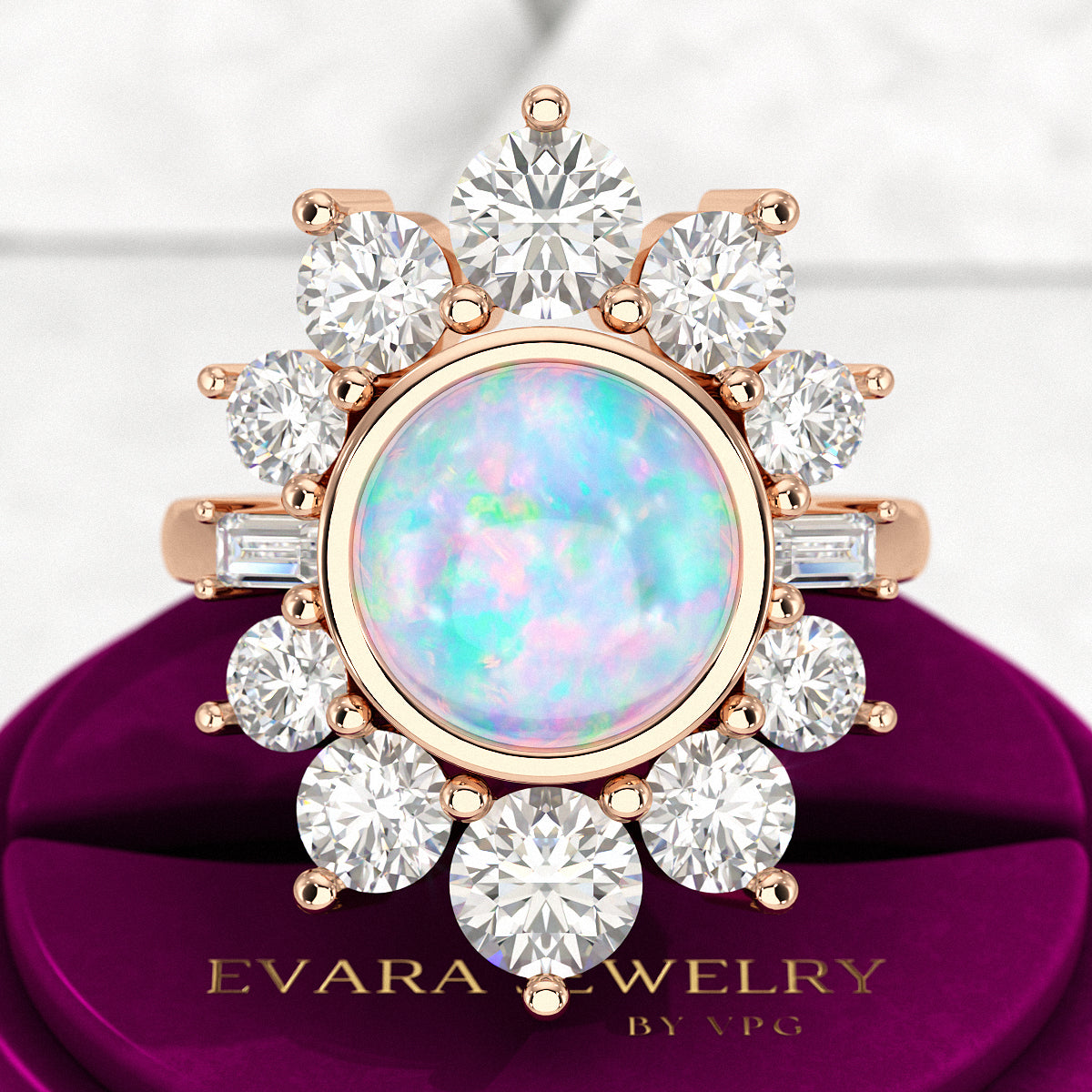 Natural Round Fire Opal & CVD Diamond Victorian Era Wedding Ring - Evara Jewelry LLC