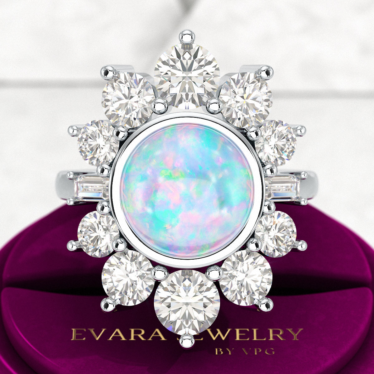 Natural Round Fire Opal & CVD Diamond Victorian Era Wedding Ring - Evara Jewelry LLC