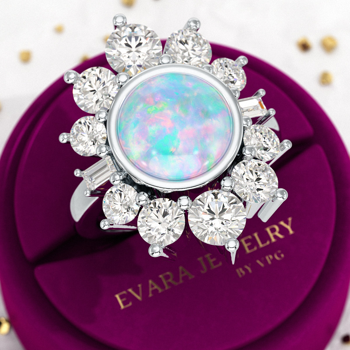 Natural Round Fire Opal & CVD Diamond Victorian Era Wedding Ring - Evara Jewelry LLC