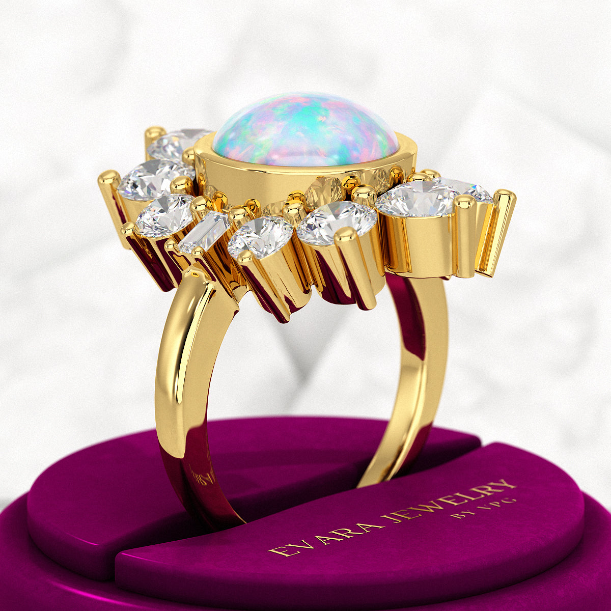 Natural Round Fire Opal & CVD Diamond Victorian Era Wedding Ring - Evara Jewelry LLC