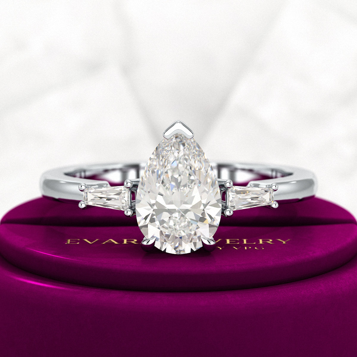 1.50 Carat Pear Cut Diamond Trilogy Engagement Ring - Evara Jewelry LLC