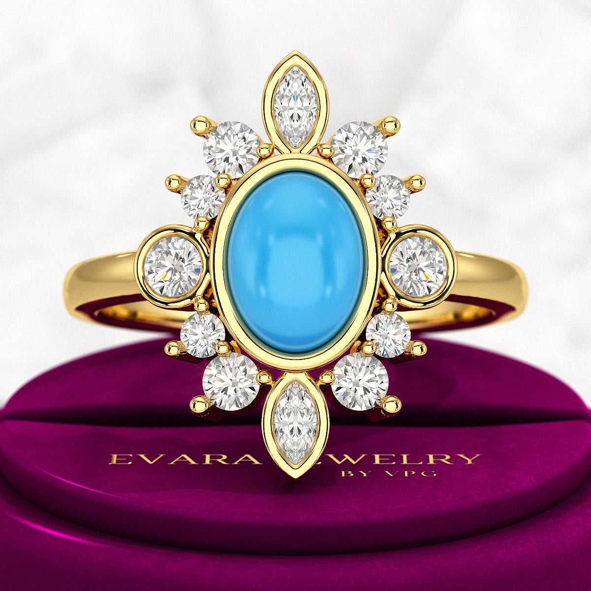 Diamond & Natural Turquoise Art Deco Statement Oval Wedding Ring - Evara Jewelry LLC