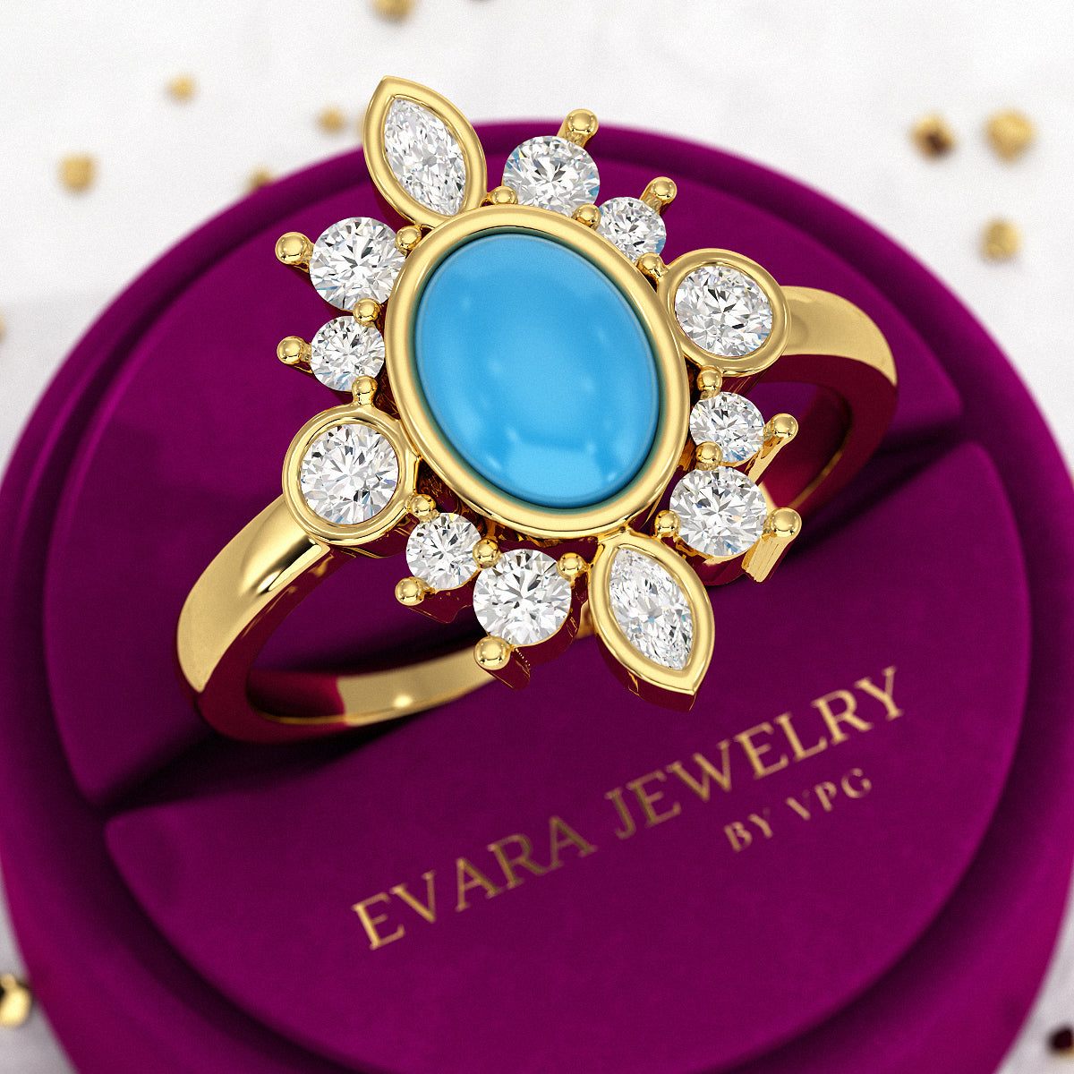 Diamond & Natural Turquoise Art Deco Statement Oval Wedding Ring - Evara Jewelry LLC