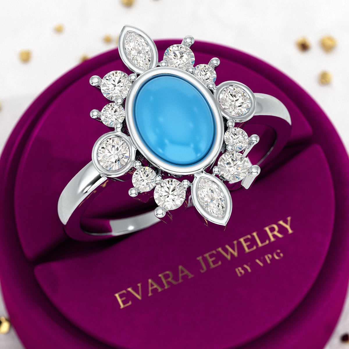 Diamond & Natural Turquoise Art Deco Statement Oval Wedding Ring - Evara Jewelry LLC