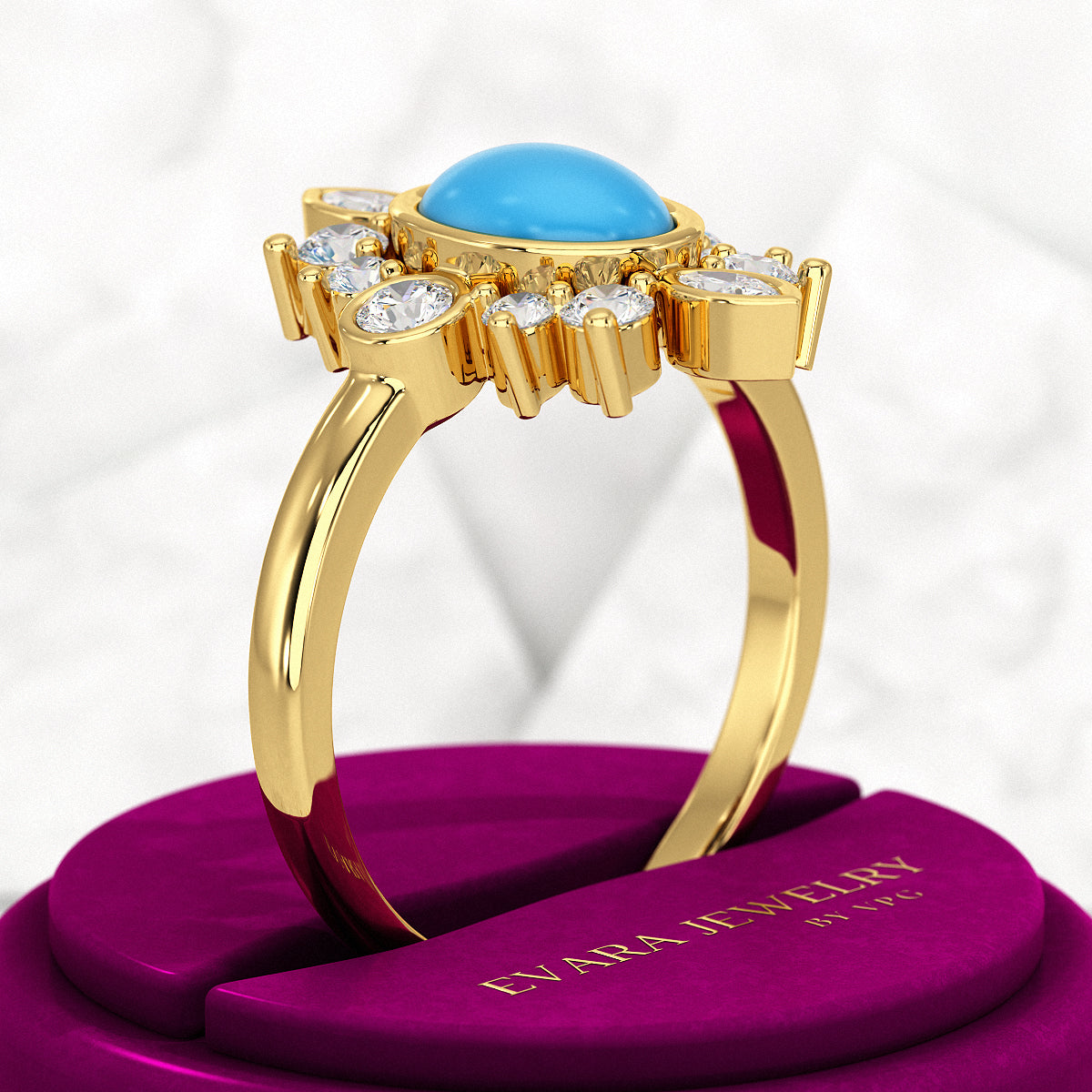 Diamond & Natural Turquoise Art Deco Statement Oval Wedding Ring - Evara Jewelry LLC