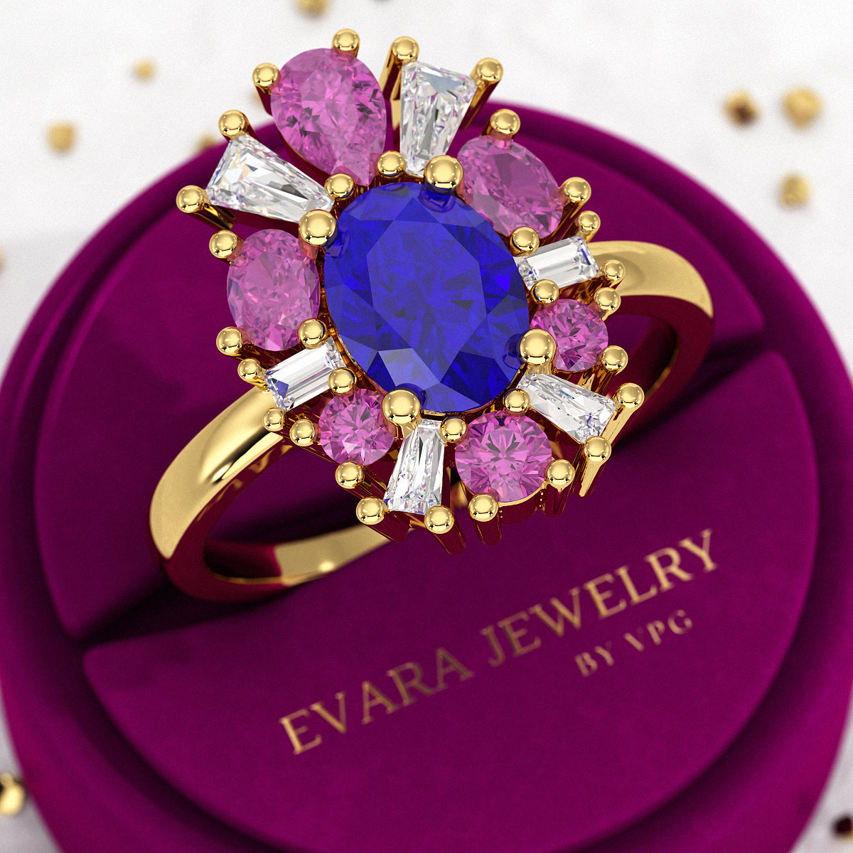 Tanzanite Tourmaline & Diamond Victorian Era Engagement Ring - Evara Jewelry LLC